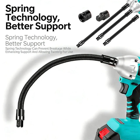 Spring steel 1/2 Inch Flexible Shaft Extension for Tight Spots, shown attached to power tool for automotive repair