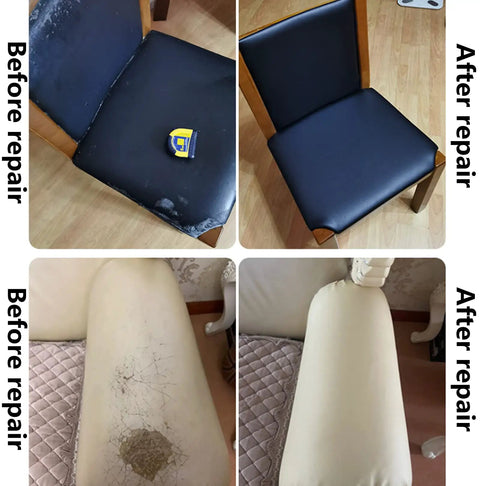 Leather Repair Patch Tape 8x54 Inch Self Adhering Patch Kit For Furniture Sofas Vinyl Car Seats Couch Chairs Shoes And Jackets Gold Color Quick Fix For Tears And Scuffs shown on chair before and after repair comparison