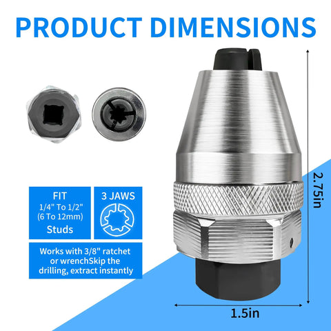 Damaged Bolt Extractor and Stud Remover Tool for One Quarter to One Half Inch Bolts with dimensions and features