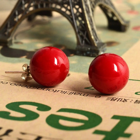 Red Shell Bead 12mm Silver Tone Classic Round Ball Stud Earrings For Women Dope Everyday Jewelry Gift Box Ready 925 Silver Post Versatile Accessory For Work Or Parties Simple Yet Stylish, pair on display