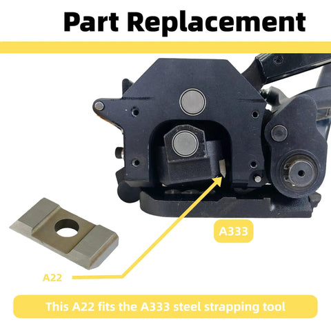 Replacement Knife Cutter A22 for A333 Steel Strapping Tool, Durable Blade, Fits All A333 Tool Models, Easy Install, Reliable Spare Part for Strapping, Packaging, and Box Securing Jobs, shown with A333 tool