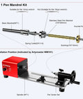 Diagram of Six Millimeter Wood Lathe Pen Mandrel Kit with Adjustable Length and Easy Lock Nut Setup for DIY Pen Making.