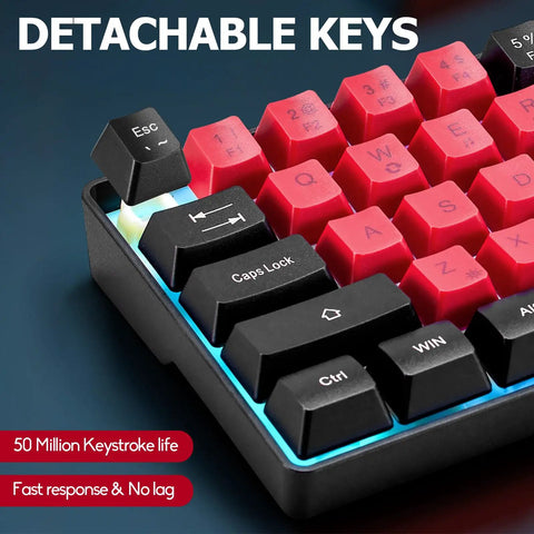 Close-up of Solid Compact 68 Key Wired Keyboard with detachable red and black keys for fast typing and gaming.