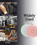 3 Pack Retractable Tape Measures For Sewing Tailoring Crafting And Body Measurements, 60 Inch 150 Cm Go To Tool With Push Button shown in various uses like tailoring, design, and sewing.