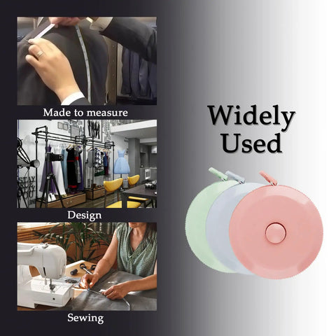 3 Pack Retractable Tape Measures For Sewing Tailoring Crafting And Body Measurements, 60 Inch 150 Cm Go To Tool With Push Button shown in various uses like tailoring, design, and sewing.