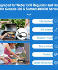 Upgraded Propane Hose And Regulator Kit For Genesis 300 And Summit 400 And 600 Series Grills Leak Free Safe Connection With Precise Gas Flow Easy Install Durable Regulator And Hose For Genesis And Summit Grills features and benefits graphic
