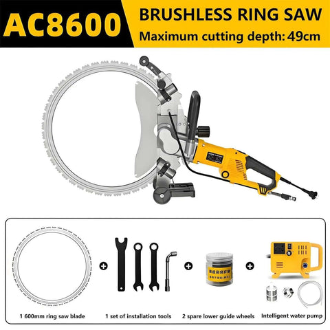 Heavy Duty Beast Mode Brushless Electric Concrete Saw Wall Chaser Ring Cutter With Diamond Blade and Water Fed Dust Suppression.