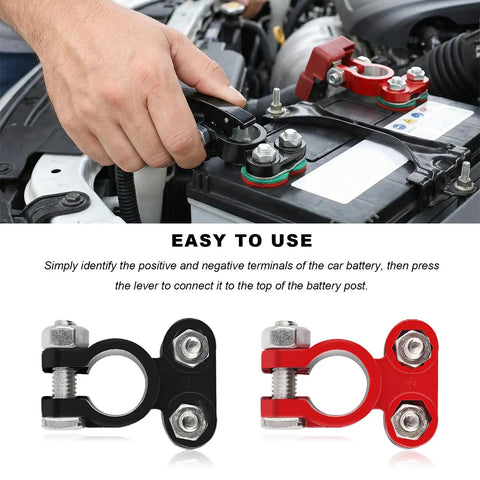 Image of Heavy Duty Aluminum Battery Terminal Connectors Two Piece Set with anti-corrosion washers on car battery.