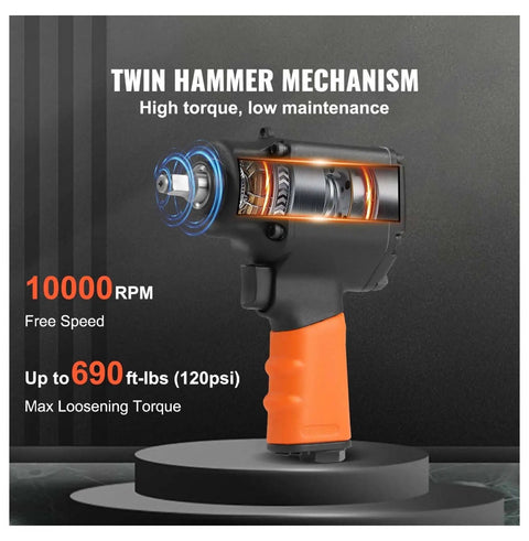 Pneumatic Air Impact Wrench With 3/8 Inch Square Drive And 690 Ft Lbs Of Knuckle Busting Torque Lightweight Aluminum Body displayed with twin hammer mechanism.