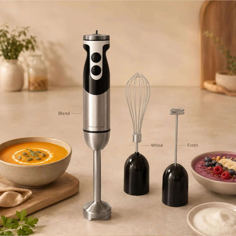 Badass 3-In-1 Hand Blender Combines Immersion Mixer Electric Whisk And Milk Frother With 12-Speed Dial BPA-Free Stainless Steel Shaft For Daily Cooking in kitchen setting with soup and smoothie.