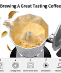 Close-up of Stovetop Espresso Maker Moka Pot For Barista Grade Espresso, 6 Cup 10 Oz Italian Greca Mocha Pot brewing coffee