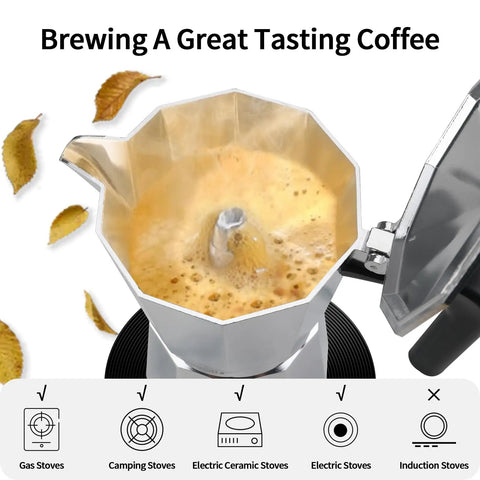 Close-up of Stovetop Espresso Maker Moka Pot For Barista Grade Espresso, 6 Cup 10 Oz Italian Greca Mocha Pot brewing coffee