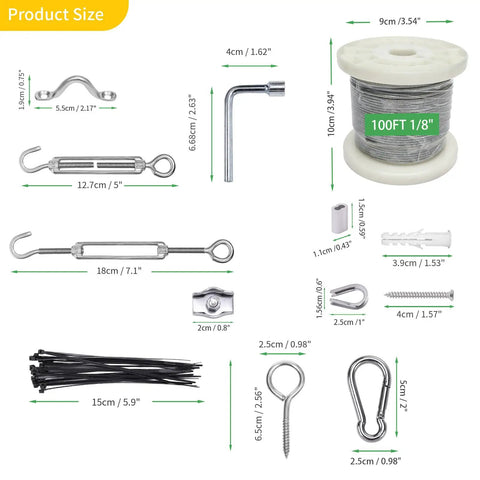Vinyl Coated One Eighth Inch 304 Stainless Steel Wire Rope Kit with 100 ft cable, turnbuckles, and hardware displayed