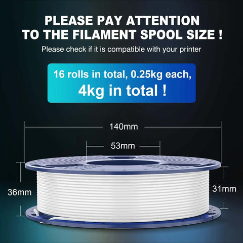 16 Color PLA Filament Bundle For 3D Printing, 1.75mm, showcasing dimensions of 0.25kg spool, 4kg total weight.