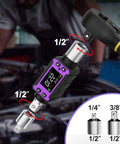 1/2 Inch Digital Torque Adapter Set With Ultra Slim Design For Tight Spaces, Delivers 0.4-22.1 Ft-Lb (0.6-30 Nm) Of Precise Torque, Great For Engine Bays, Bicycle Spokes, And Other Confined Work Areas. 1/2-inch digital torque adapter with 1/4 and 3/8 reducers