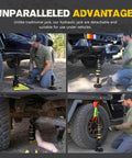 Portable Hydraulic Recovery Jack With Lift Mate For Off Road 4x4 SUVs, ATVs, And UTVs in use under vehicles on rugged terrain.