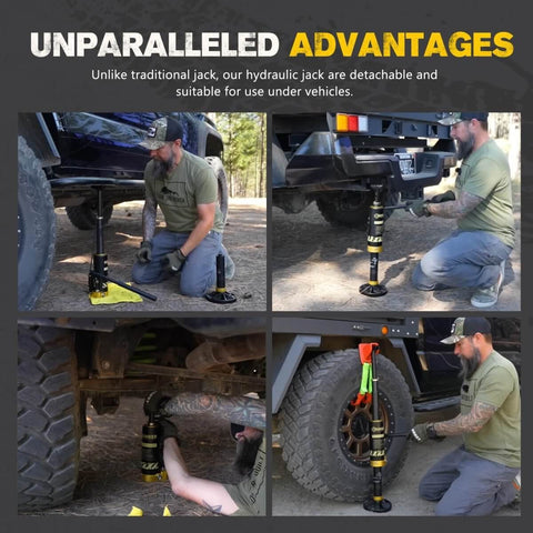 Portable Hydraulic Recovery Jack With Lift Mate For Off Road 4x4 SUVs, ATVs, And UTVs in use under vehicles on rugged terrain.