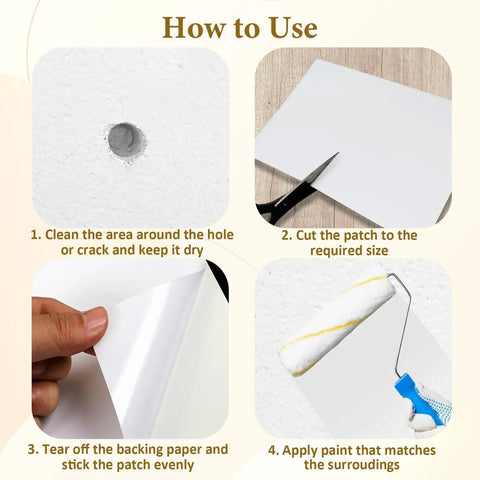 Instructions showing how to use White Self-Adhesive Vinyl Siding Patch Kit With 20 Patches For Quick Patch Ups On Cracks, Holes, Or Blemishes