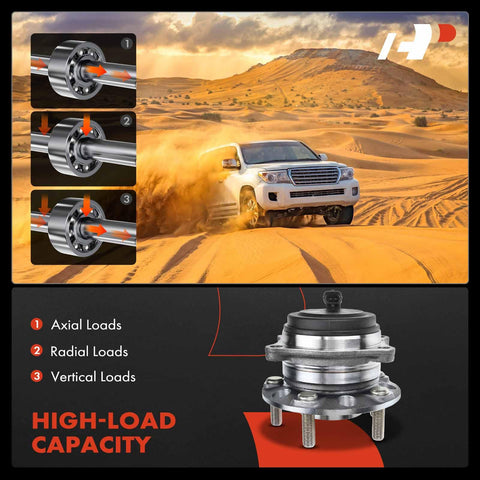 Rear Wheel Bearing And Hub Assembly With Abs And 5 Lug For Kia Sorento 2016 2017 2018 2019 2020 Fwd Only Replacement Part Drop In Ready To Install Direct Fit shown with load capacity features in desert backdrop