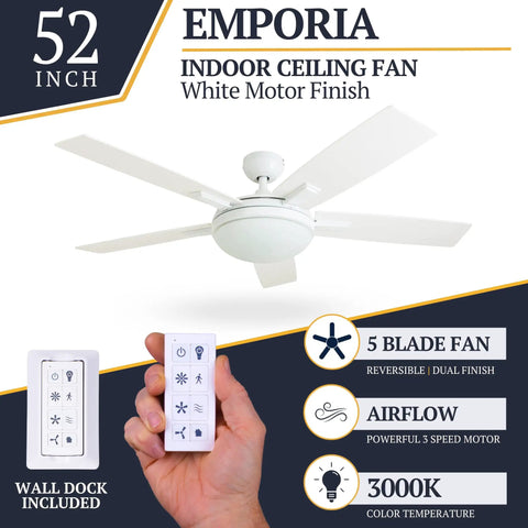 52 Inch Contemporary Indoor LED Ceiling Fan With Light No-Fuss Remote Control Dual Mounting Options White Finish