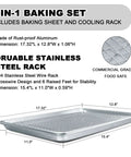 2-in-1 Heavy Duty Half Sheet Pans With Rack Set for Baking and Roasting, includes aluminum pan and stainless rack, dimensions listed.