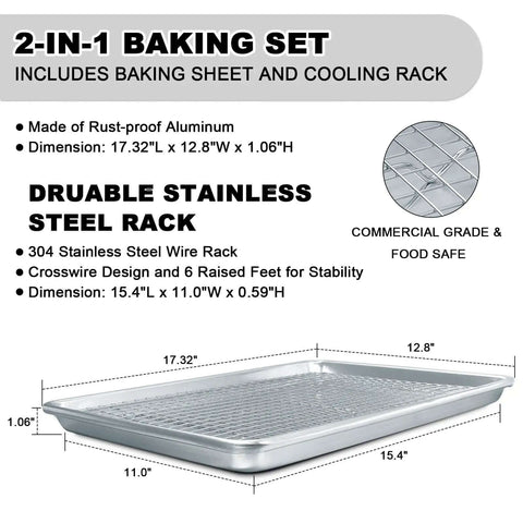 2-in-1 Heavy Duty Half Sheet Pans With Rack Set for Baking and Roasting, includes aluminum pan and stainless rack, dimensions listed.