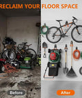 Before and after image of garage organized with 16 Pack Garage Hooks Set Durable Wall Mount Storage System, showing decluttered space.