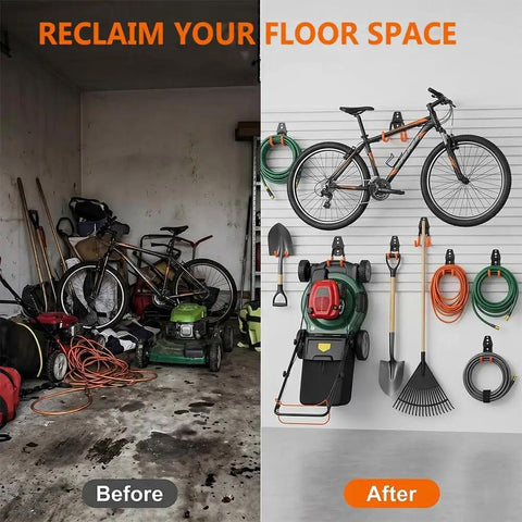 Before and after image of garage organized with 16 Pack Garage Hooks Set Durable Wall Mount Storage System, showing decluttered space.