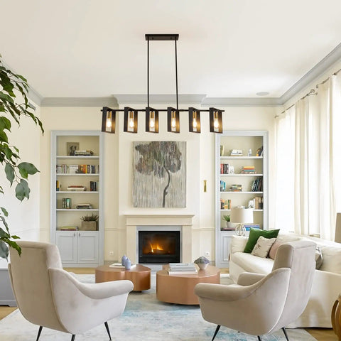 Living room with six light modern farmhouse kitchen island pendant light with black metal frames and wood accents big 50 inch chandelier