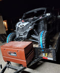 Wheel Chock Tie Down Kit For ATV UTV And Trailers, Heavy Duty E Track System in use on trailer with ATV secured
