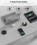 Sleek 3.15 Inch Desktop Power Grommet Featuring Two AC Outlets And Eight Fast Charge USB Ports To Ditch Cord Chaos And Keep Your Workstation Snazzy Smooth And Totally Zero Hassle. Image shows a laptop charging alongside devices on a sleek desk.
