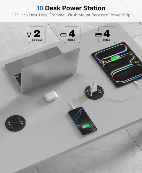 Sleek 3.15 Inch Desktop Power Grommet Featuring Two AC Outlets And Eight Fast Charge USB Ports To Ditch Cord Chaos And Keep Your Workstation Snazzy Smooth And Totally Zero Hassle. Image shows a laptop charging alongside devices on a sleek desk.