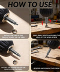 Instructions showing 6 Piece Broken Screw Extractor Set with Double Ended Drill Bits for Easy Removal of Stripped and Rusty Screws HSS Tool Kit