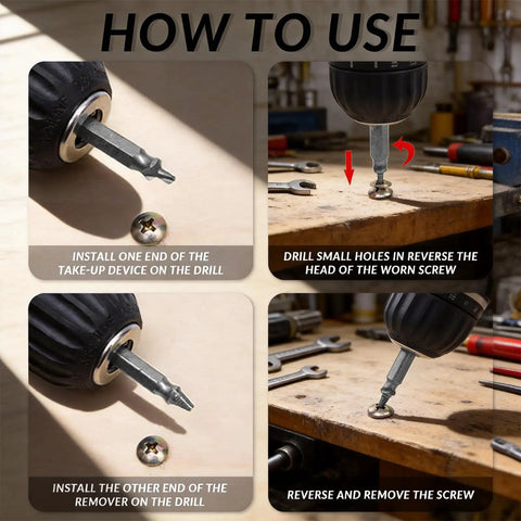 Instructions showing 6 Piece Broken Screw Extractor Set with Double Ended Drill Bits for Easy Removal of Stripped and Rusty Screws HSS Tool Kit