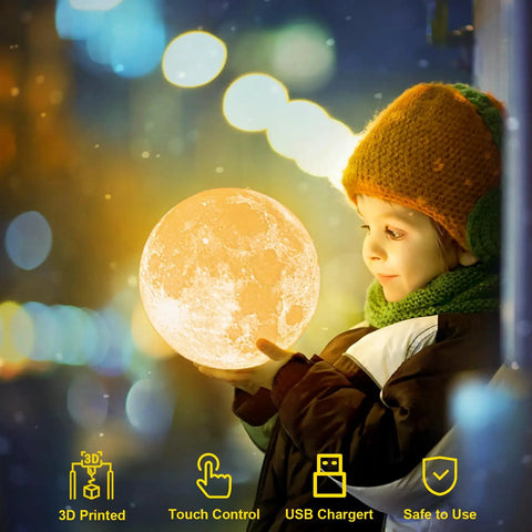 Child holding a Moon Lamp For Kids And Adults With Realistic 3D Moon Surface, Dual Color Warm Yellow And White Light, Easy Touch Control, 3.5 Inch Night Light