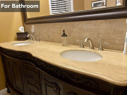 Bathroom with Beige Stone PVC Peel And Stick Wall Tiles 30cm X 30cm 3D Self Adhesive Backsplash above double sink vanity.