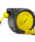 Heavy Duty Retractable Air Hose Reel With Auto Rewind And Full Pivot Swivel Wall Mount For Garage Crew Or DIY Pros Featuring Eighty Foot Three Eighth Inch Hybrid Line With Six Point Five Foot Lead In Tube Handling Three Hundred Psi No Fuss, detailed view showing yellow hose and mounting.