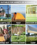 Heavy Duty Trampoline Stakes Anchor Kit with Corkscrew Steel Stakes T Hook for various outdoor uses, shown in trampolines, tents, soccer goals.