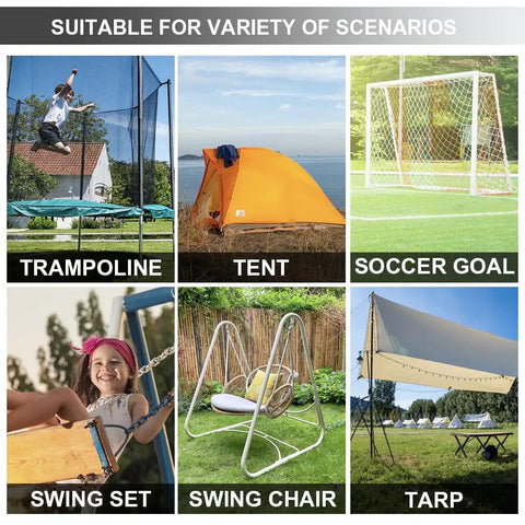 Heavy Duty Trampoline Stakes Anchor Kit with Corkscrew Steel Stakes T Hook for various outdoor uses, shown in trampolines, tents, soccer goals.
