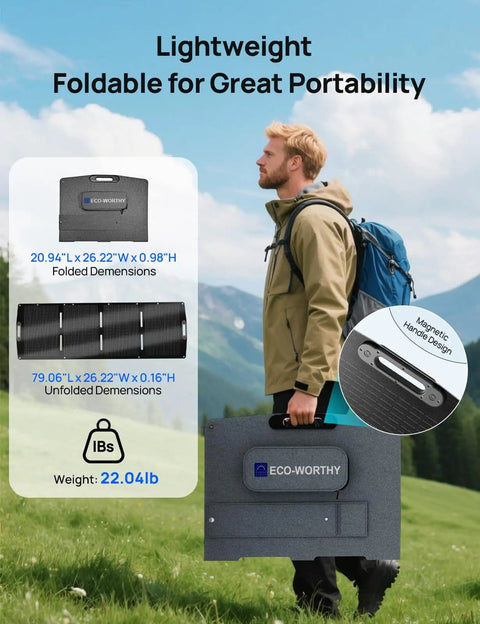 Man carrying Portable 200W Foldable Solar Panel With Adjustable Kickstand For Power Stations And Off Grid RV Camping IP65 Waterproof Lightweight 23 Percent High Efficiency Outdoor Solar Charger