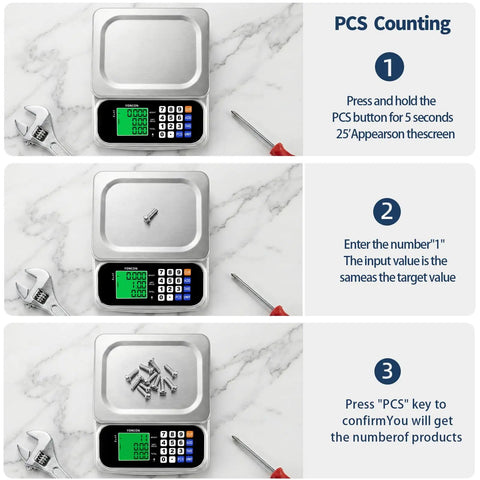Step-by-step PCS counting on Large Digital Kitchen Scale With 66Lb Capacity And 30Kg, 0.05oz Per 1g Precision, Price Computing And PCS.