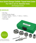6-Piece Quick Change Carbide-Tipped Hole Cutter Set, green case, cutter heads, and manual for 7/8 to 2 inch holes.