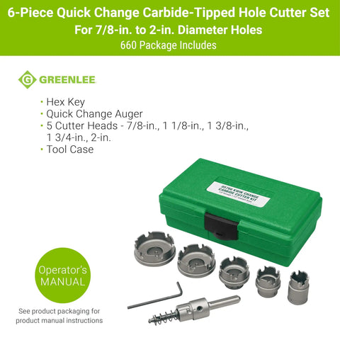 6-Piece Quick Change Carbide-Tipped Hole Cutter Set, green case, cutter heads, and manual for 7/8 to 2 inch holes.