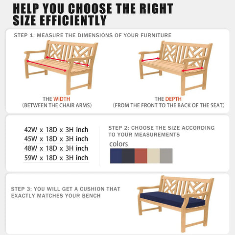 Measurement guide for Outdoor Bench Cushion 42 By 18 Inch Waterproof Patio Cushion with handle and ties, showing width and depth dimensions.