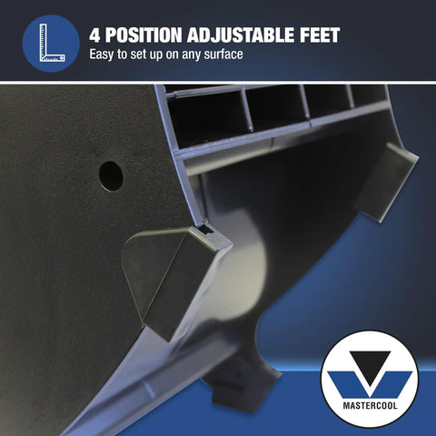 Close-up of the adjustable feet and ABS housing of the Beefy 1200 CFM Blower Fan With 3 Speed Settings, Heavy Duty ABS Housing, Impact Resistant.