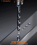 Cobalt Stepped Point Drill Bit Set 21 Pieces One Sixteenth To One Half Inch With TiAlN Coated Step Drill Heads in use on metal