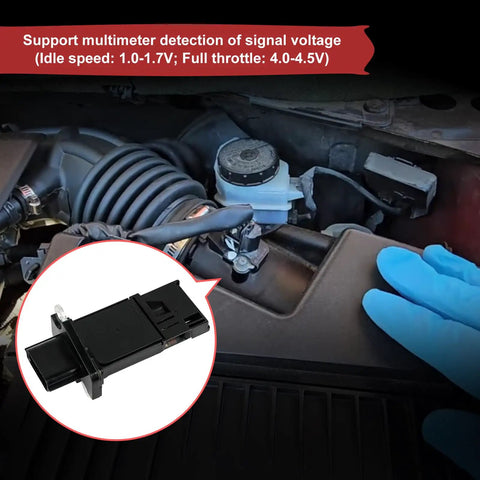 Plug And Play MAF Sensor Replacement 22680 7S000 installed in Nissan Altima engine bay with close-up of sensor in circle inset