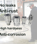 Front view of 1/4 inch quick-connect pressure washer fittings set in stainless steel with four adapters (female and male NPT)