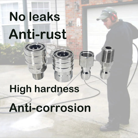Front view of 1/4 inch quick-connect pressure washer fittings set in stainless steel with four adapters (female and male NPT)