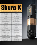 Shura-X Wireless Tattoo Machine Kit With 4.0mm Stroke Setup and digital display on black and gold rotary pen